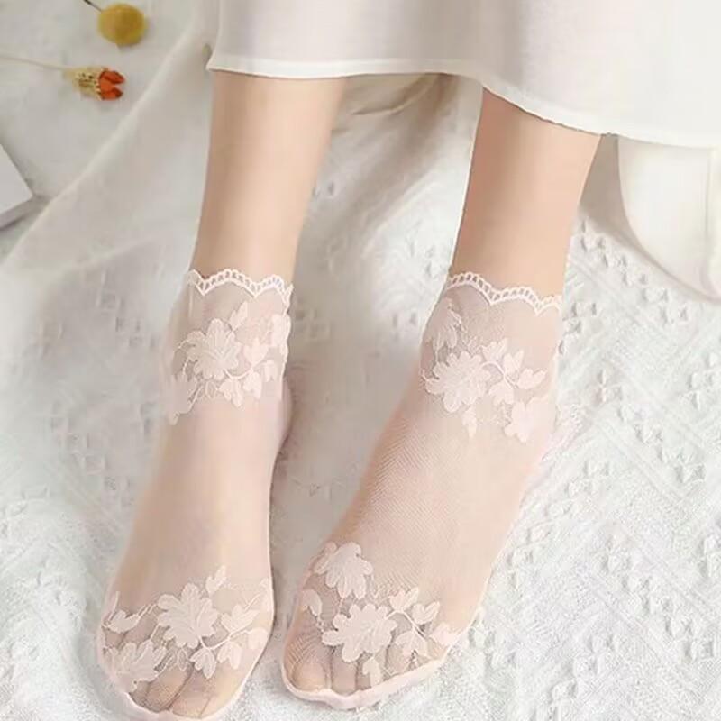 5 Pairs of Women's Summer Thin Lace Edge Mid-tube Boat Socks, Hollow and Breathable Leaf Pattern Mesh Anti-skid Design