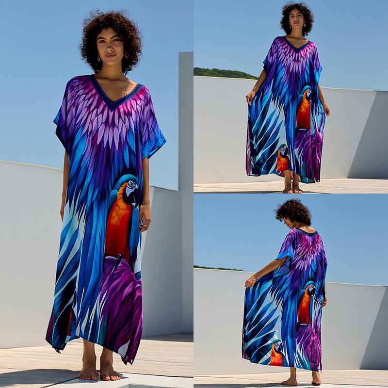 European & American Cotton Print Beach Cover-Up Long Dress - Plus Size Swimsuit Sunscreen Robe