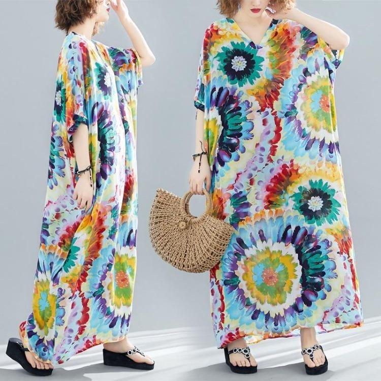 Nouveauté Été Robe Longue Maxi Vintage Florale Satinée Grande Taille Femmes Décontractée Ample Robes