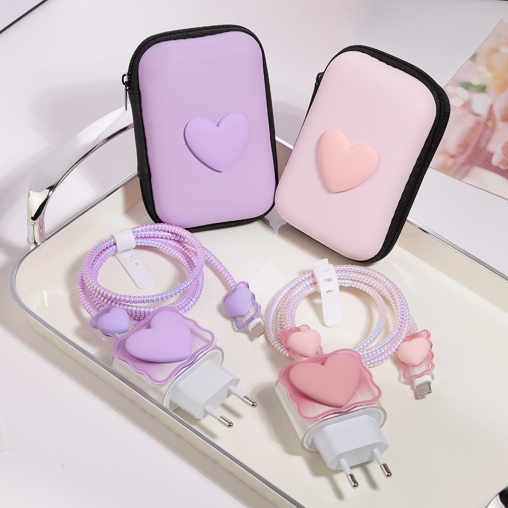 3D Love Heart Data Cable Protective Cover For 11 15 16 Pro Max 14 13 12 18W 20W Charger Cases Wire Winder Cable Organizer