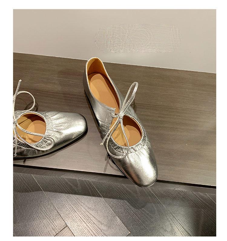 Gold and Silver Lace Up Mary Jane Shoes Women Low Heels Spring New Retro Round Toe Shallow Mouth Single Shoes Heels Women