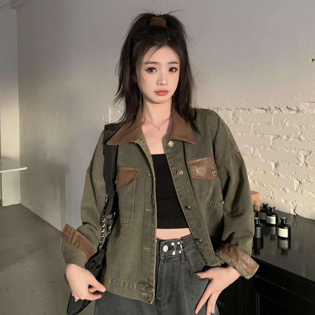 Women's American Retro Trendy Sweet & Edgy Color-Block Cargo Denim Jacket Korean Style Loose Casual Versatile Jacket for Autumn
