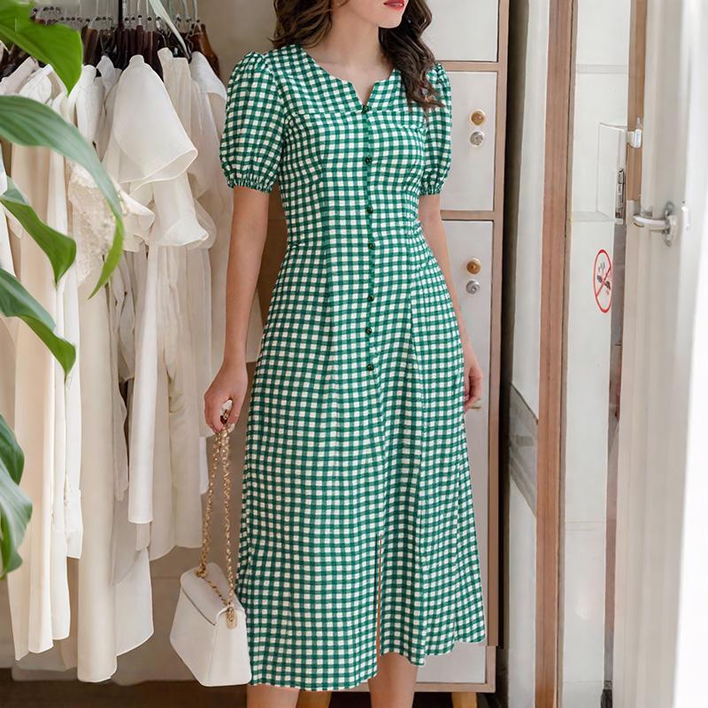

ZANZEA Женское повседневное летнее платье с круглым вырезом и короткими рукавами в клетку 5XL зелёный