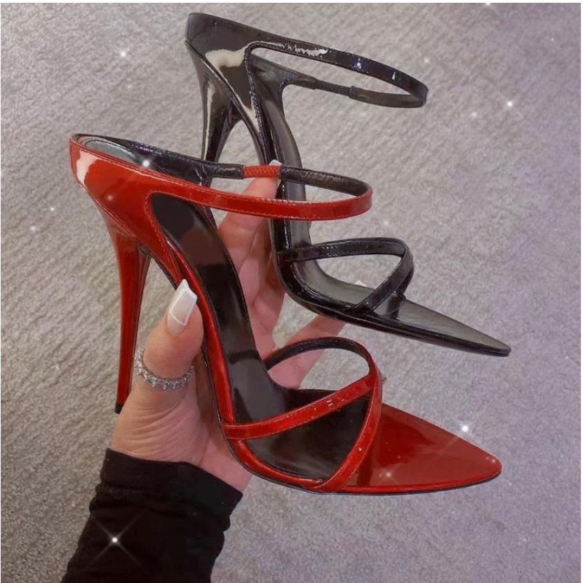 Spring 2023 Niche Red Patent One-Strap Pointed-Toe Open Stiletto Mules for Women