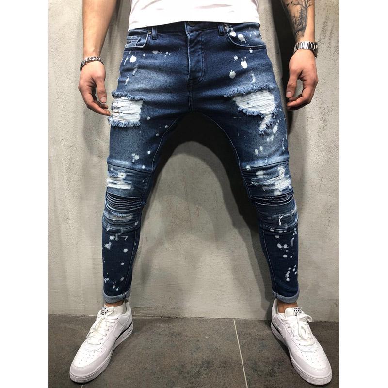 Fashion Men Straight Denim Hole Pants Slim Casual Hip Hop Style Jeans