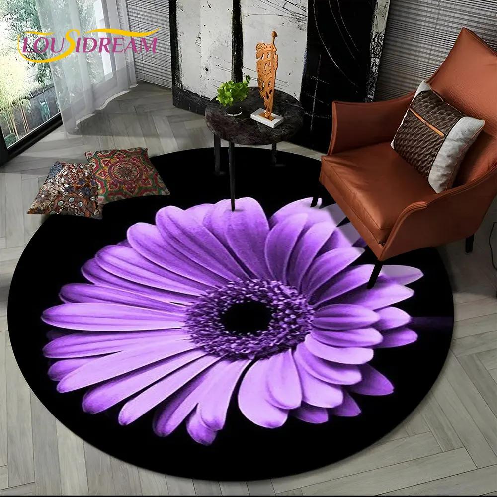 3D Daisy Nordic Flower Sunflower Round Area Rug,Carpet for Living Room Children's Bedroom Sofa Playroom Decor,Non-slip Floor Mat