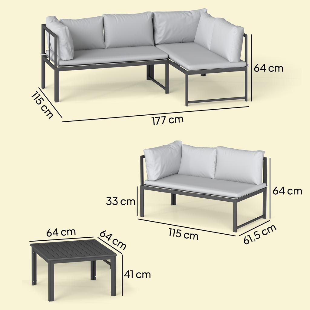 Garden Lounge Outdoor Terrace Furniture 3 Piece 4 Seater Modular With Adjustable Armrests Thick 16cm Cushions Gray