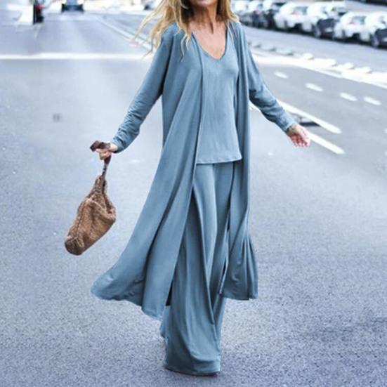Three-piece Stylish V Neck Top Women Pants Suit Sleeveless Top Casual Solid Color Autumn Suit