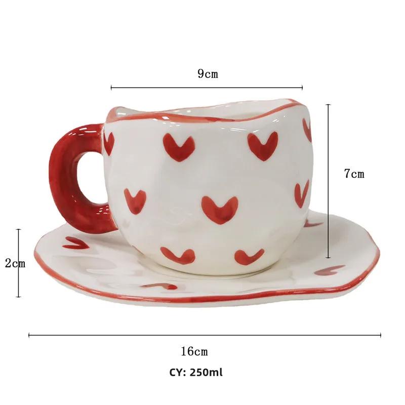 Romantic Hand-painted Love Heart Mug Gifts Korean Ins Style Coffee Tea Cup Saucer Set Creative Milk Mug Porcelain for Girlfriend