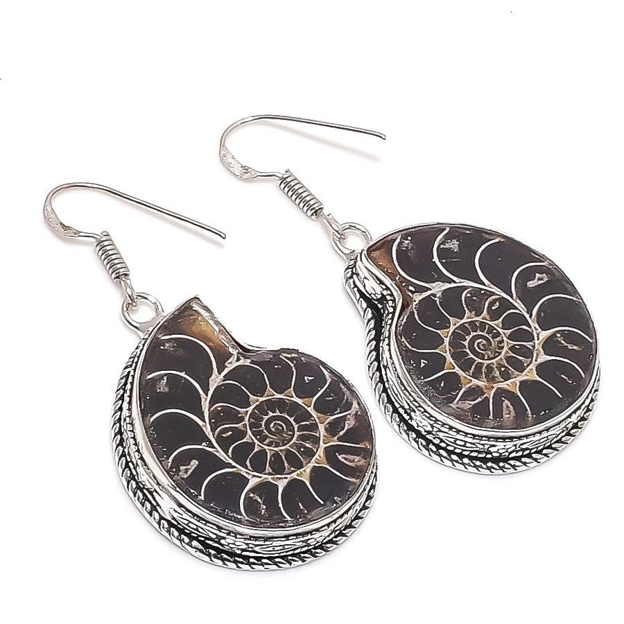 Ammonite Fossil Gemstone 925 Sterling Silver Jewelry Earring 2.01"