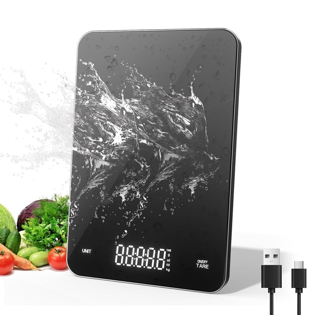 7JI Kitchen Scale, Digital, 5kg0.1g, Ultra-thin 1cm, USB-C Rechargeable, Aluminum Alloy Frame, Tempered Glass, for CookingBaking, Black