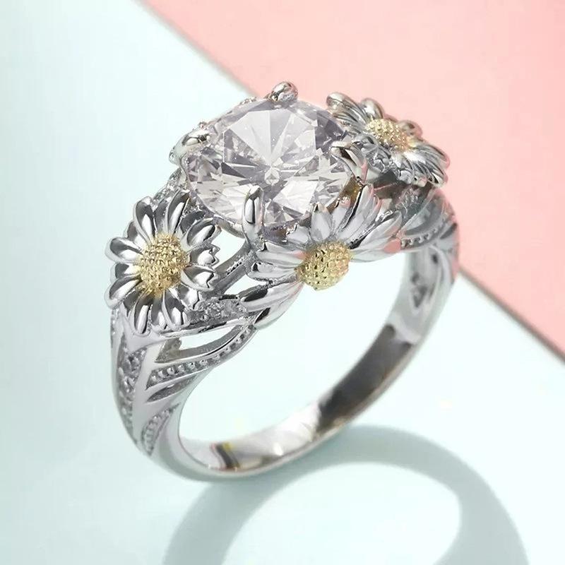 Small Daisy Flower Single Ring Girl, Fresh Pastoral Light Luxury Ring, Four-Claw Inlaid Zircon Model