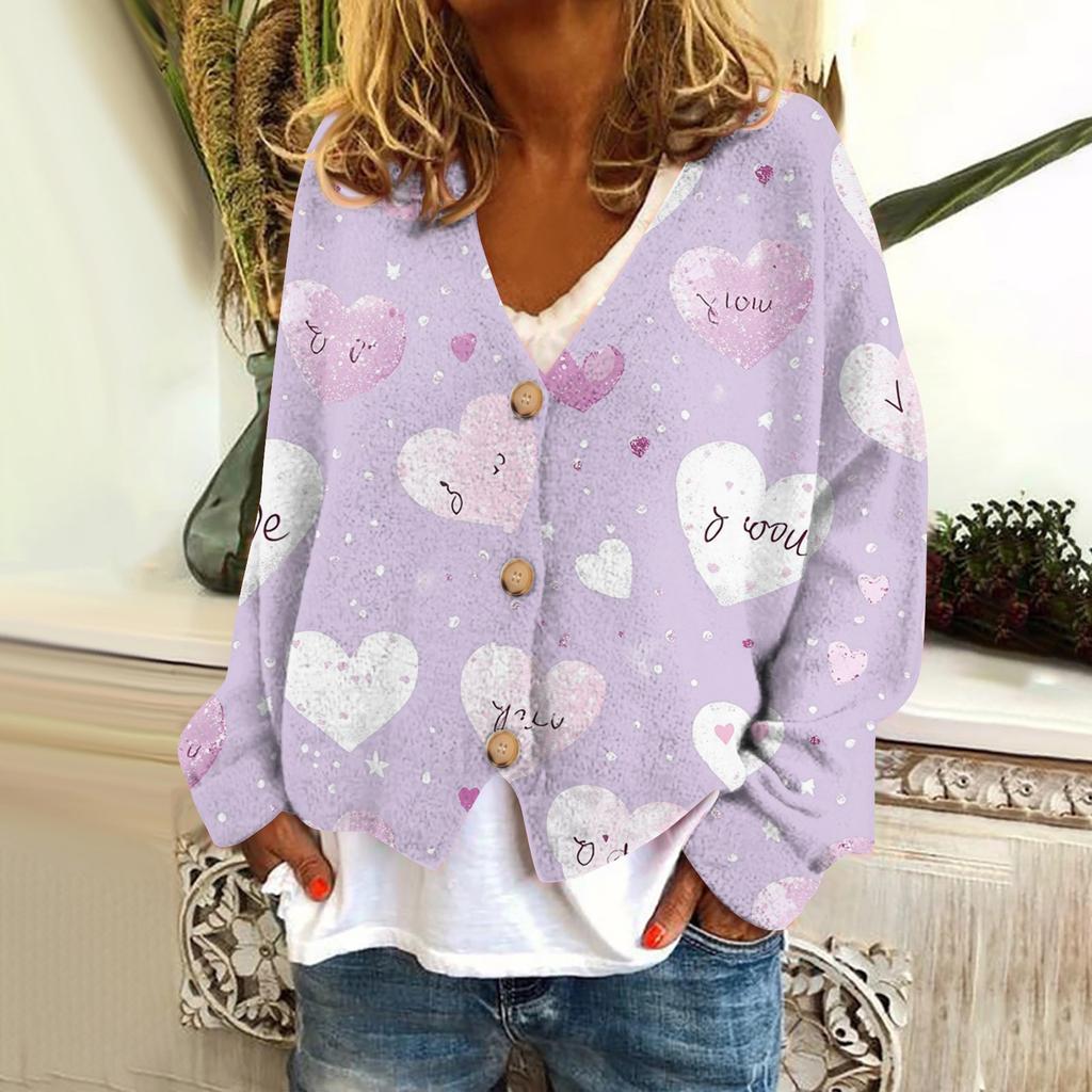 Women's Fashion Short Jacket Casual Long Sleeve Valentine's Day Printed Single Breasted Plush Top