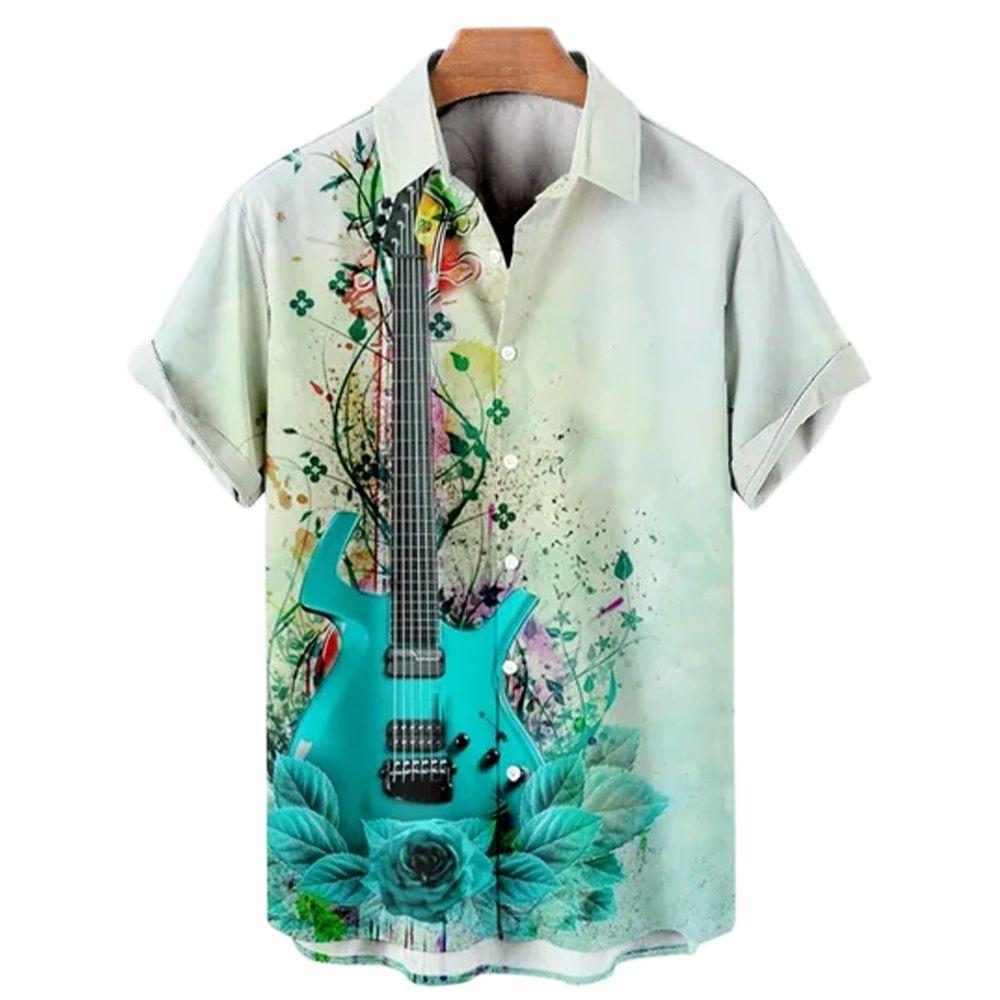 Men's Music Guitar Print Shirts Rock Hip Hop 2025 Men's Clothing Short Sleeve Beach Shirt Outdoor Street Social Vintage Shirt