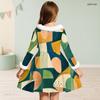 Girls Faux Fur Trim High Neck Long Sleeve Geometric Printed A Line Flared Dress