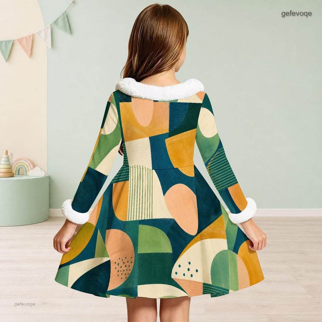 Girls Faux Fur Trim High Neck Long Sleeve Geometric Printed A Line Flared Dress