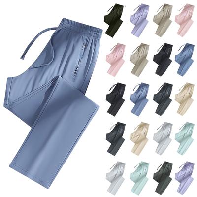 Calça feminina casual cor sólida elástica cintura reta casual com bolsos