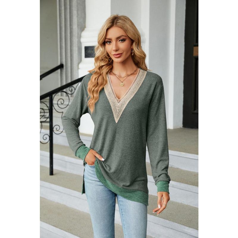 Autumn and Winter Lace V-neck Contrasting Contrasting Slit Loose Long-sleeved T-shirt Tops for Women