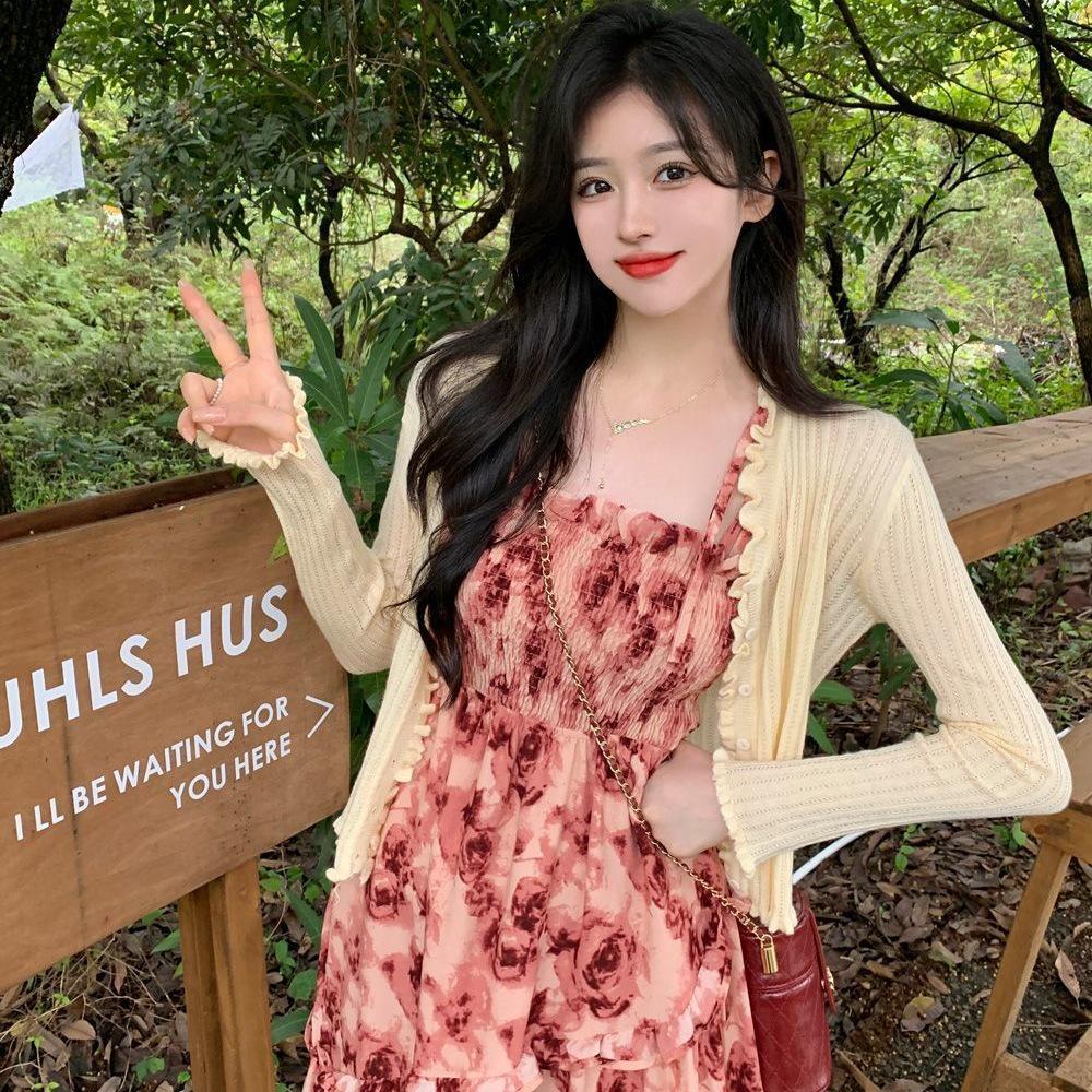 Plus Size French Floral Camisole Dress with Cardigan, Slimming Summer Long Dress for 2026