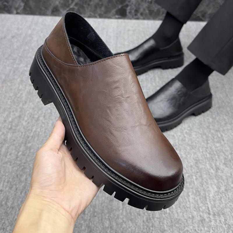 2025 Autumn and Winter New Height-increasing Men's Shoes Low-top Casual Leather Shoes One-pedal Driving Non-slip Invisible Height Increase