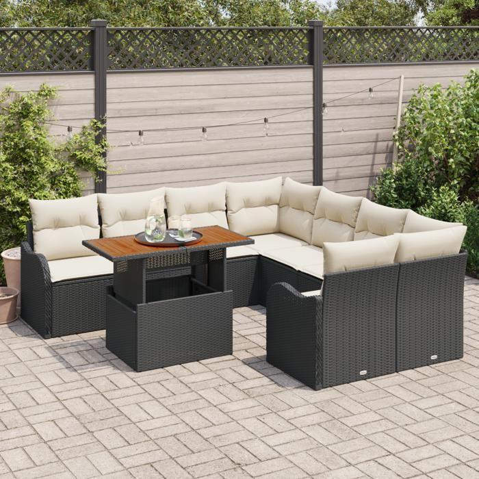 Set de canapé de jardin vidaXL de 9 pièces avec coussins en rotin poly noir, Canapé de jardin 2 places avec rangement et 3358175