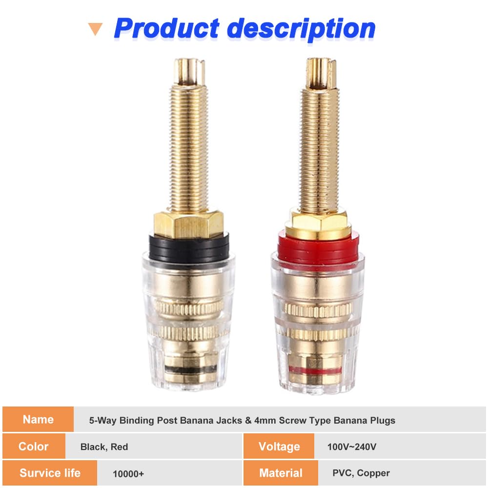 Xiatiaosann 4mm Heavy Duty Binding Post Banana 24K Gold Plated Brass Insulated Binding Post Banana Plug for with Wrench 5-Way Jack, Speakers,
