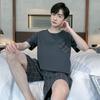 Summer Pajamas Men Cotton Jersey Short Sleeve Shorts Are Simple Breathable Solid Color Round Neck Pullover Plaid Sleepwear