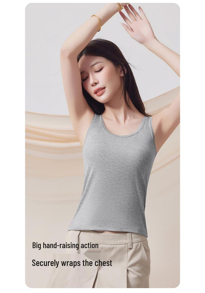 Lace Trim Strappy Tank for Women with Built-in Padding, Fixed Cups; Wear As Outerwear or Base Layer, Wide Shoulder Style.