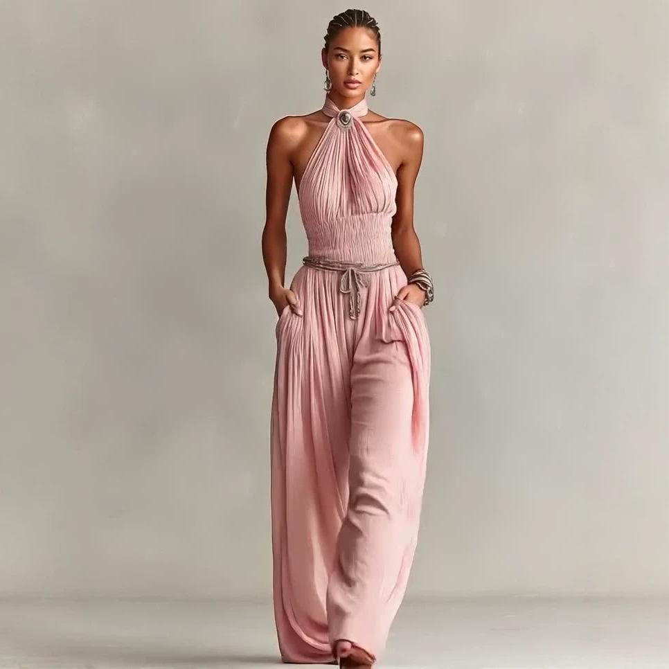 Conjunto de dos piezas de primavera y otoño transfronterizo: top sin mangas con cuello halter plisado y pantalones anchos holgados