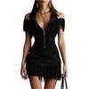 Mini Abito da Donna con Scollo a Barca, Zip Frontale, Bordi Decorativi e Scollo a Collo, Stile Ispirato al West