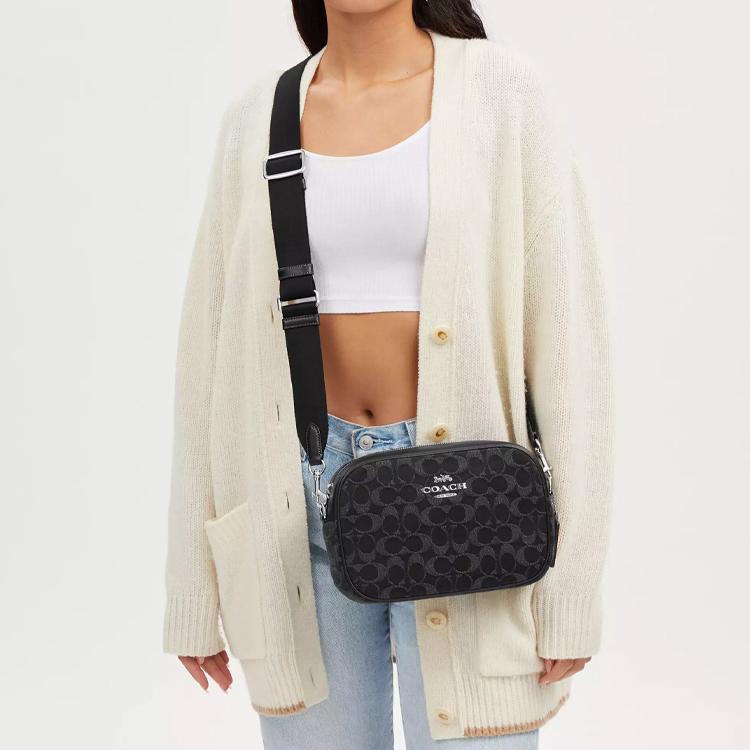 Coach Jamie 24 Reißverschluss Denim und Leder Kamera Tasche Damen Umhängetasche Schwarz CQ710-SVBK