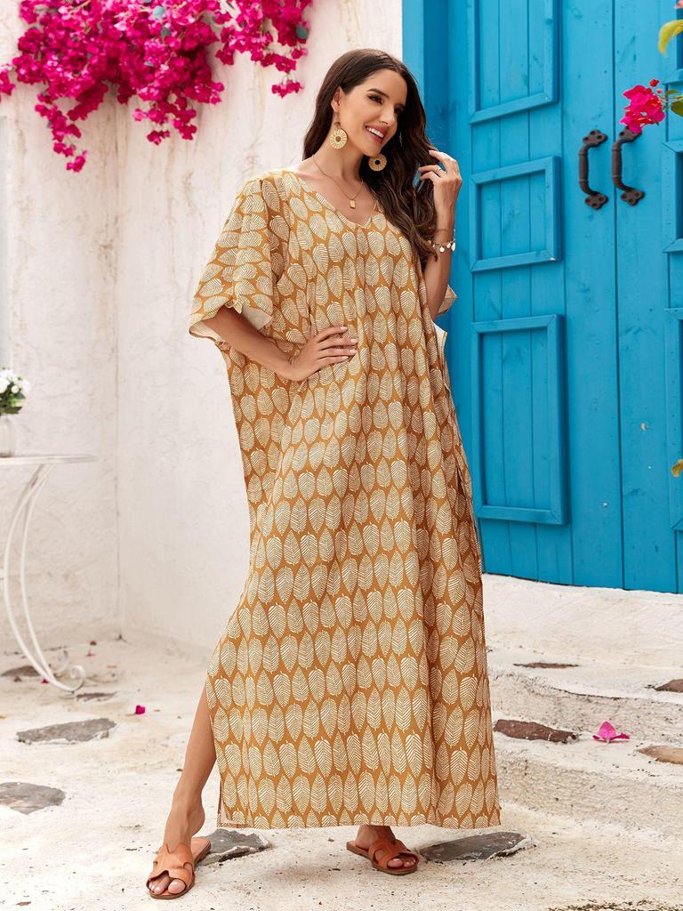 Bedruckter V-Ausschnitt Strandüberwurf: Europäischer & Amerikanischer Stil Lockerer Bademantel für Strandurlaube