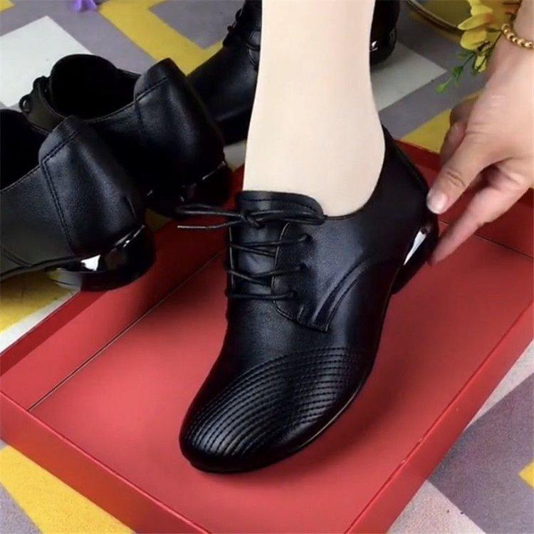 Qiuxin Chinese-style Women's Soft Leather Shoes Round Head Lace-up Low-heeled Middle-aged Mother Shoes Casual Non-slip Soft-soled Thick-heeled Leathe