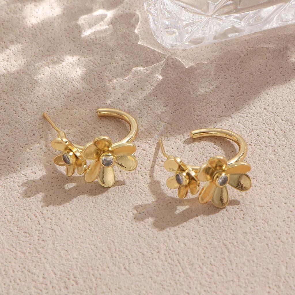 Copper 3D Double Flower C-Stud Earrings with Cubic Zirconia - Elegant Women's Jewelry