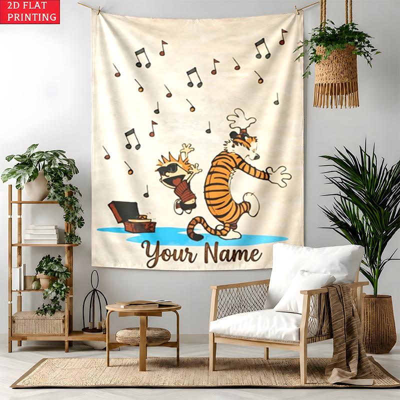 Calvin and Hobbes Custom Name Tapestry Personalized Wall Art Hanging Bohemian Home Decor for Bedroom Dorm Living Room