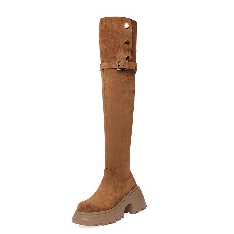 Over-knee boots retro two-wear leather boots autumn and winter new velvet thickened western boots tall knight boots