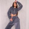 Casual European and American Women's Fashion Hooded Suit Solid Color Long-sleeved Zipper Waist Cardigan Lace-up Pants Two-piece Set