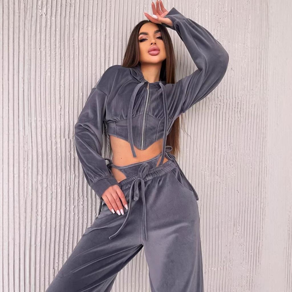 Casual European and American Women's Fashion Hooded Suit Solid Color Long-sleeved Zipper Waist Cardigan Lace-up Pants Two-piece Set