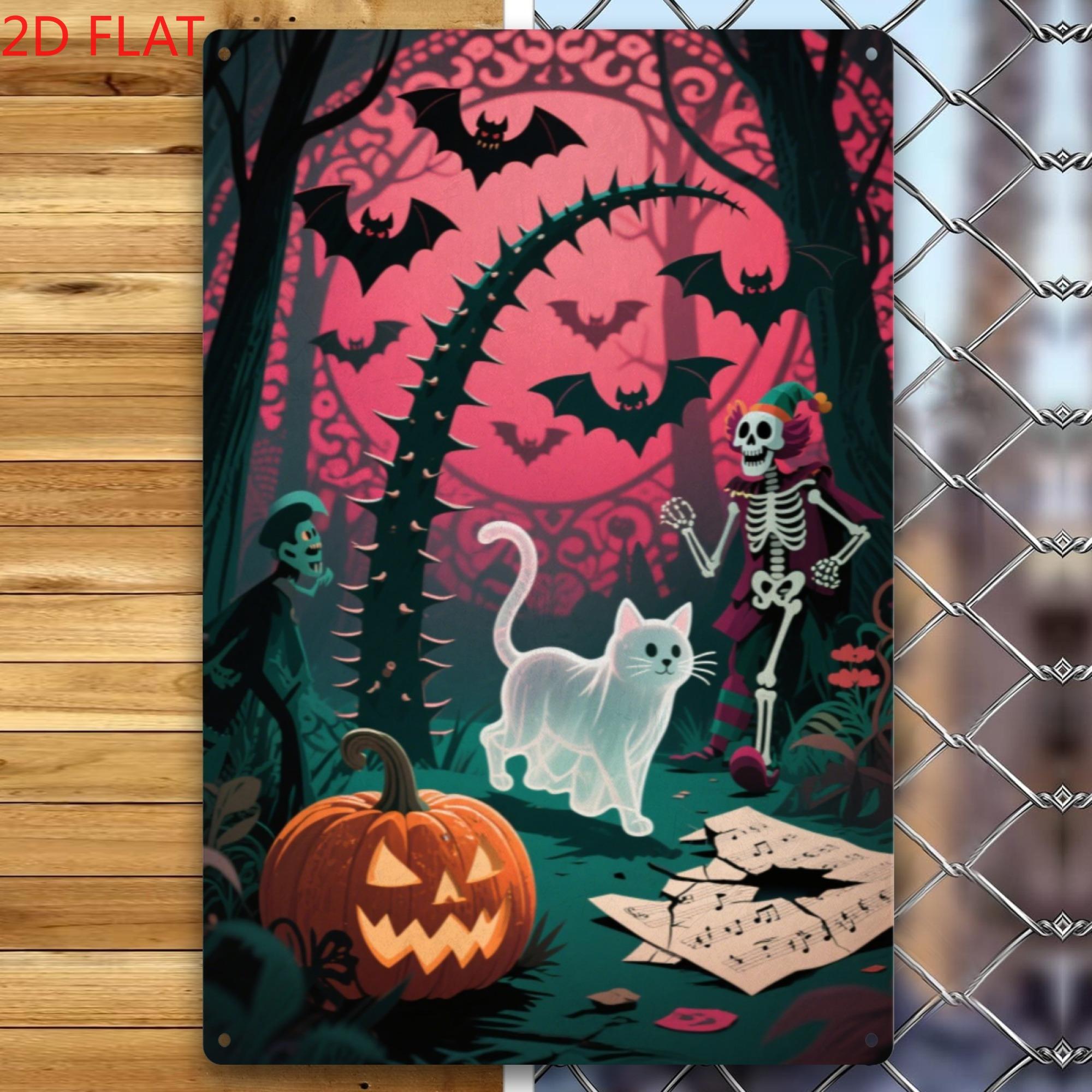 Vintage Halloween Metal Iron Wall Decor Sign  Spooky Skeleton Witch Hat Cat  JackOLantern Design with Pink Bats  Mystica 20x30cm（7.8x11.8inch）