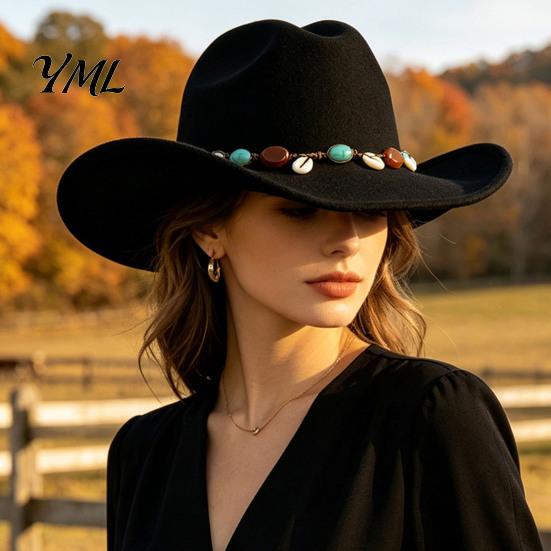 Wide Brim Felt Hat Wool Fedora, Unisex Western Cowboy Hat, Retro Sun Protection Fall Cowgirl Jazz for Women Men Autumn Winter Large Face Slimming