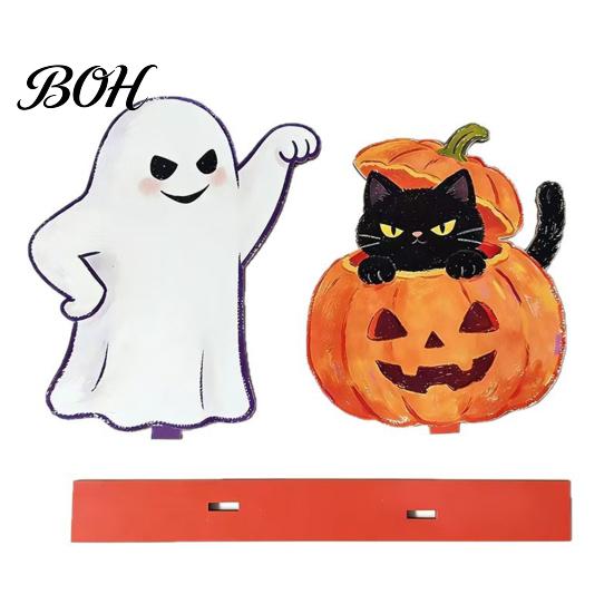 Decorative Wood Crafts Halloween Wooden Ghost And Pumpkin Black Cat Ornaments, Retro Indoor Party Ornaments Cartoon Tabletop Centerpiece Decorations