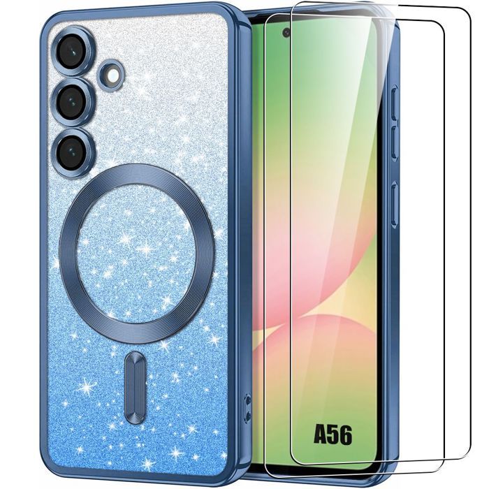 Coque de protection - BOOLING - pour Samsung Galaxy A56 5G - Silicone souple - Anneau magnétique - Bleu scintillant