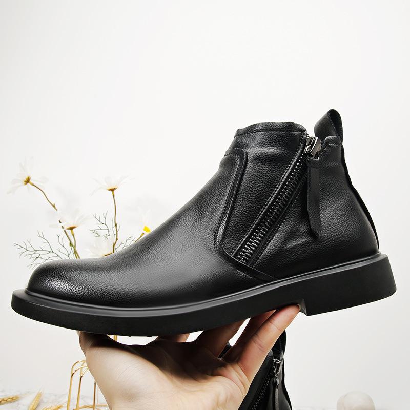 2025 Direct Supply Martin Boots Round Head Zipper Leather Boots Medium Help Men's Boots Trend Korean Version British Style Short Boots