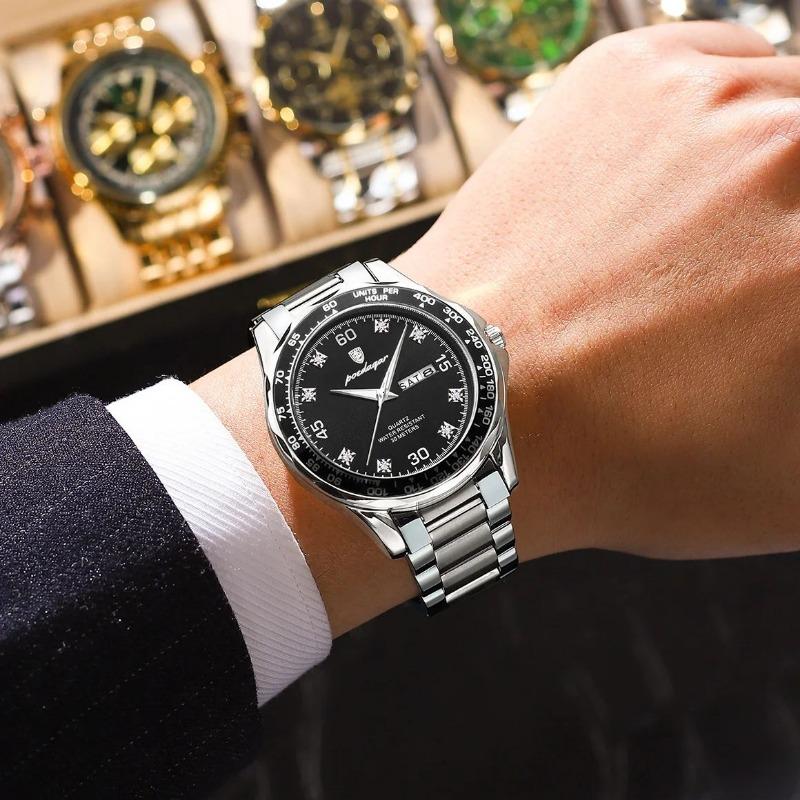 POEDAGAR Fashion Luxury Man Clock Waterproof Luminous Date Week Wristwatch Stainless Steel Quartz Business Watches for Men