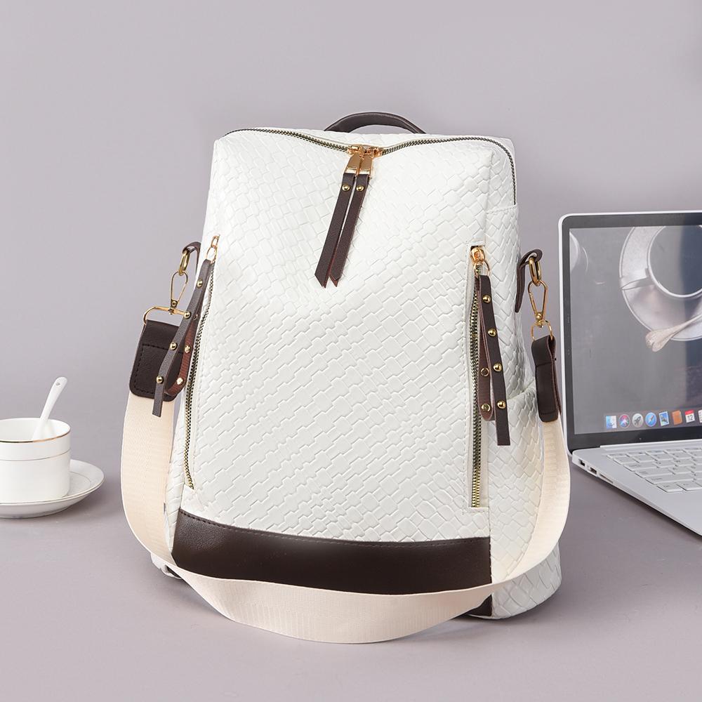 Gewebter Rucksack aus weichem Leder für Damen, großes Fassungsvermögen, Farbkontrast, Mehrzweck-Reiserucksack