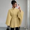 Women Elegant Stand Collar Belted Cape Style Polyester Coat