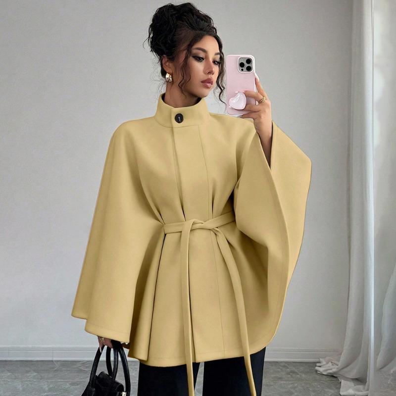Women Elegant Stand Collar Belted Cape Style Polyester Coat
