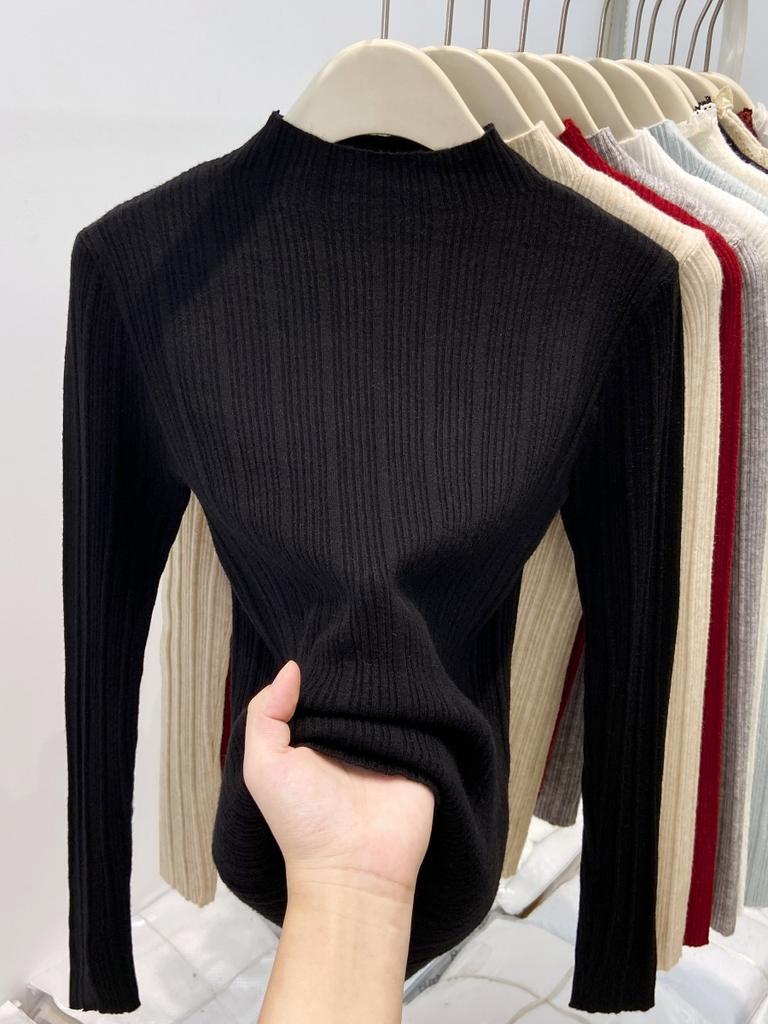 Small Stand-up Collar Pit Strip Knitted Bottoming Shirt Women's Spring Slim-fitting and Thin Inner Top High-end Sweater