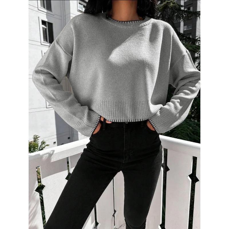 

High waist contrasting color knitted sweater women s early autumn new loose short pullover sweater one size fits all