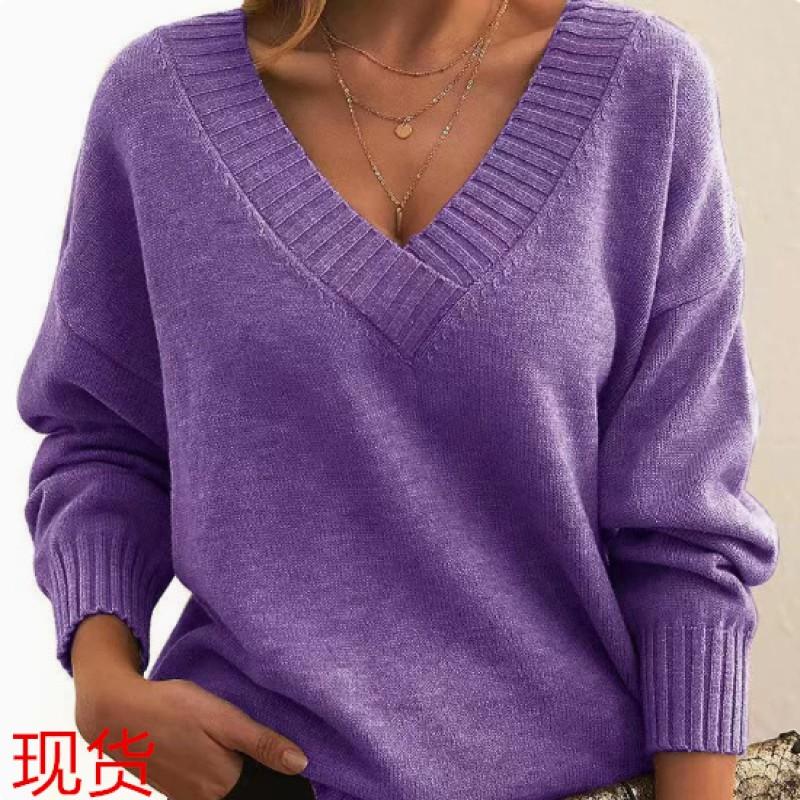 Womens Loose V-Neck Knit Sweater Pullover Casual Long Sleeve Acrylic Top